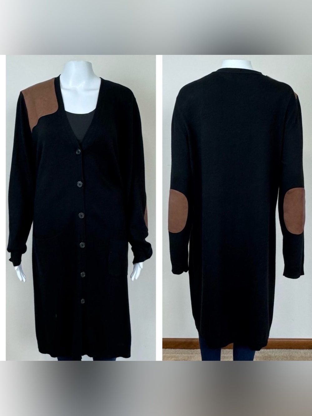 Lauren Ralph Lauren Black Long Cardigan with Brown Elbow & Shoulder Patches